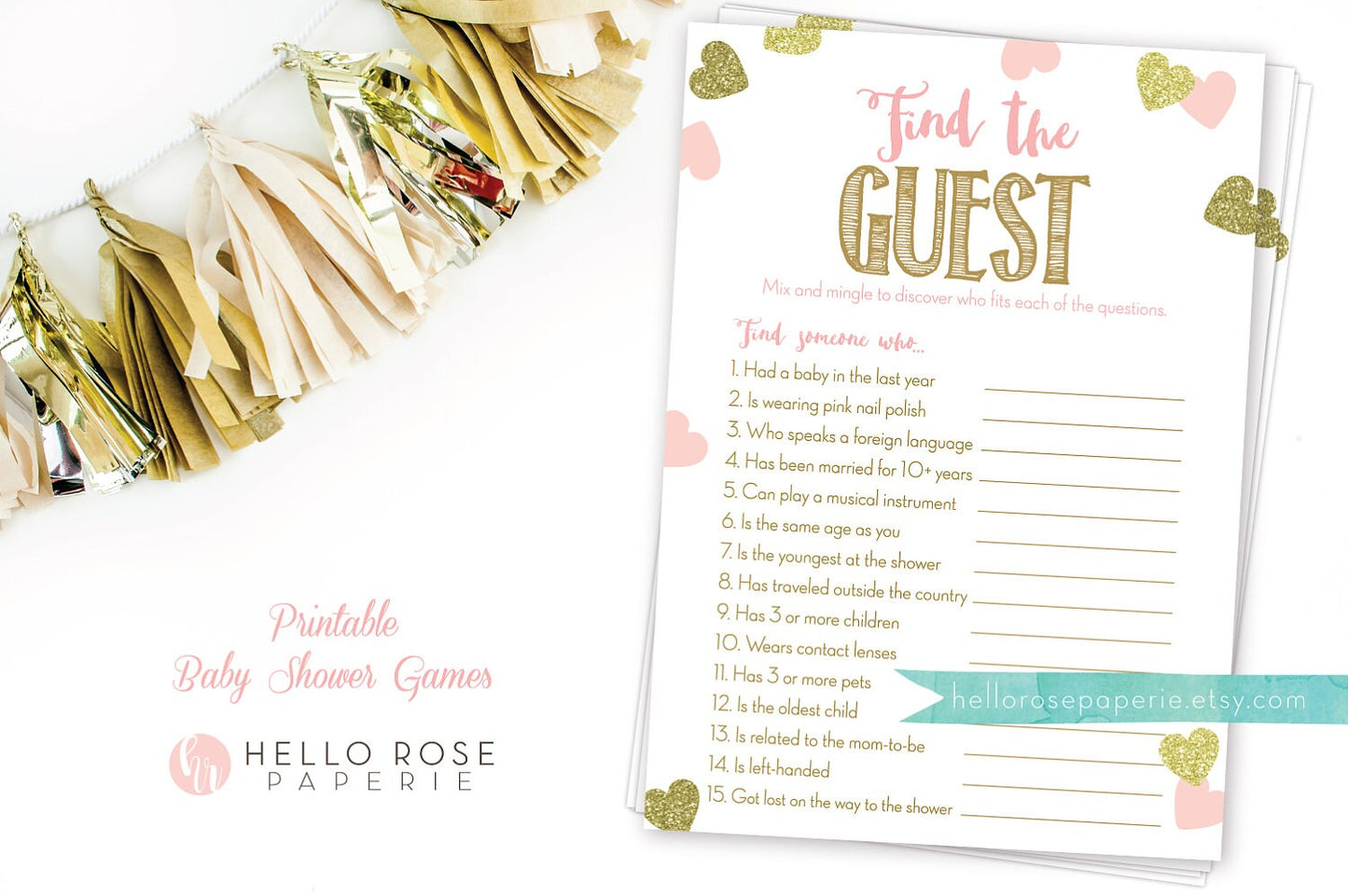 Find the Guest Baby Shower Game . Icebreaker Fun Game . Find Someone Who . PRINTABLE Instant Download . Pink and Gold Hearts Girl