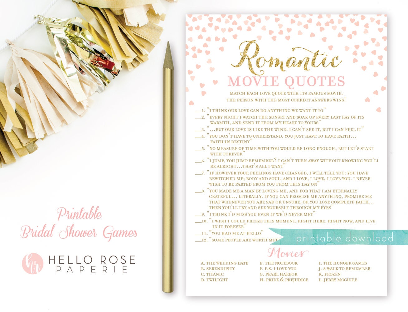 Romantic Movie Quotes Bridal Shower Game . Match the Movie Love Quotes . Pink and Gold Bridal Shower Game . Printable Instant Download DIY