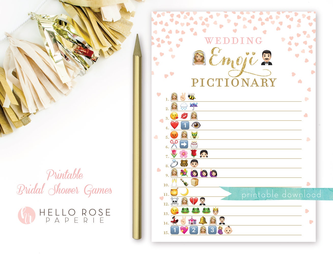 Emoji Game . Pink and Gold Bridal Shower Wedding Emoji Pictionary Game . Bridal Shower Game Printable . Instant Download . Gold Glitter