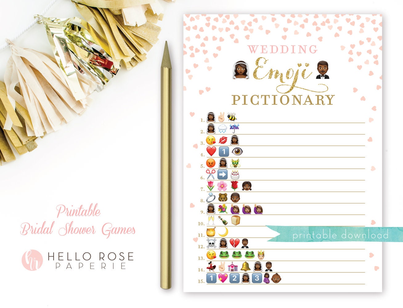 Emoji Game . Pink and Gold Bridal Shower Wedding Emoji Pictionary Game . Bridal Shower Game Printable . Instant Download . Gold Glitter