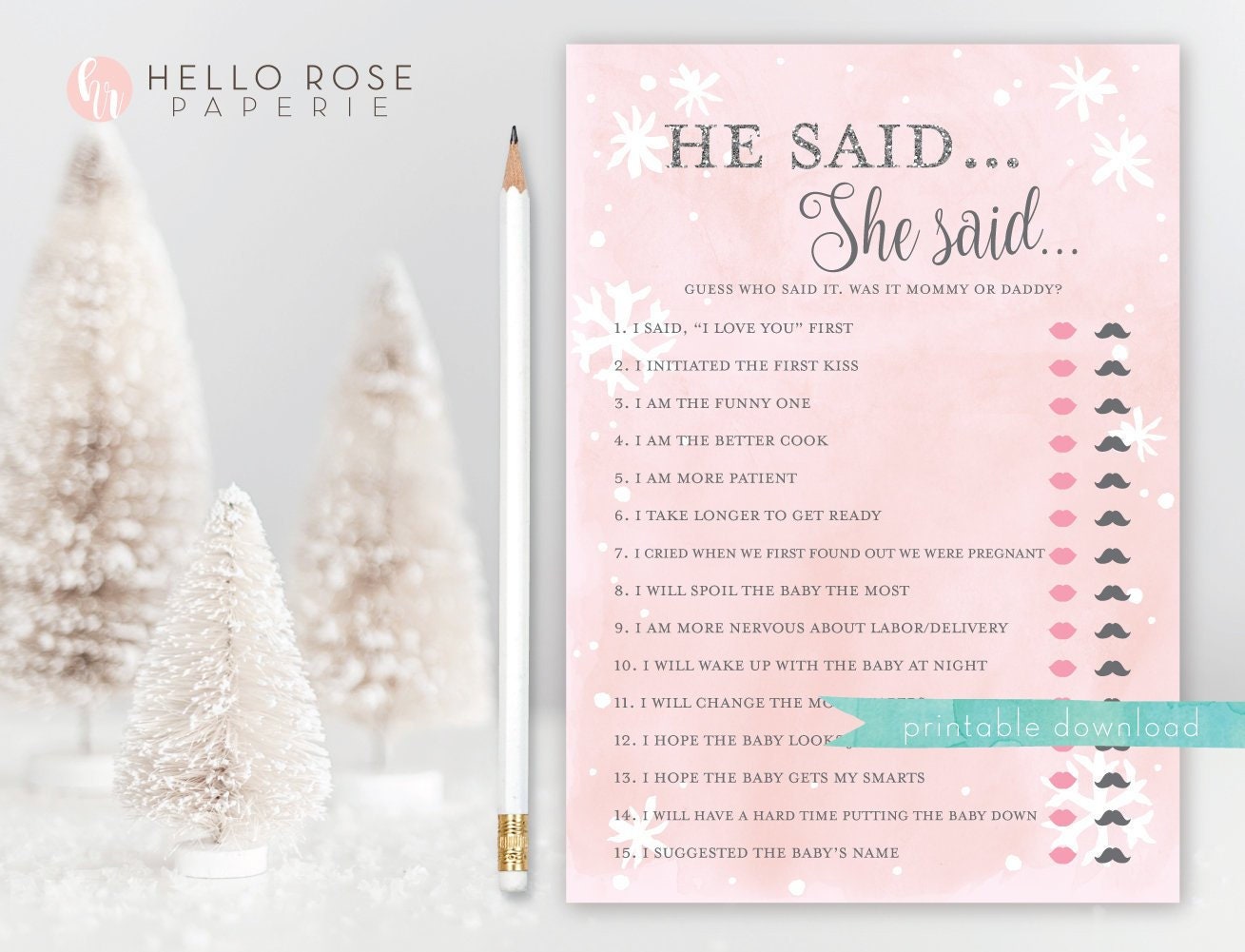 He Said She Said Baby Shower Game . Winter Snowflakes . Pink and Silver . Baby It's Cold Outside . Printable Instant Download