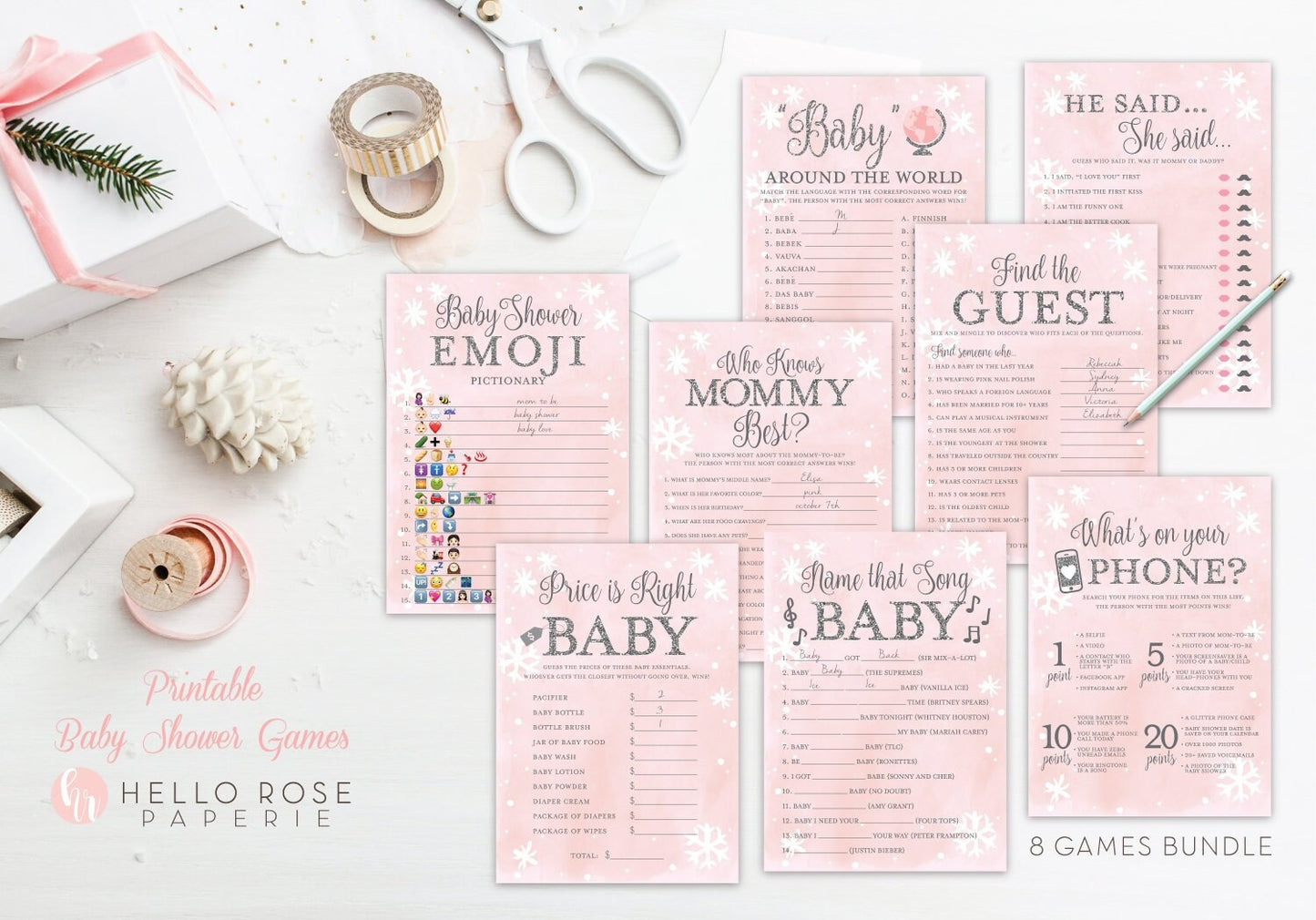 Winter Baby Shower Games Set . 8 Printable Games Bundle . Pink Silver Winter Wonderland Snowflakes Baby its Cold Outside . Instant Download