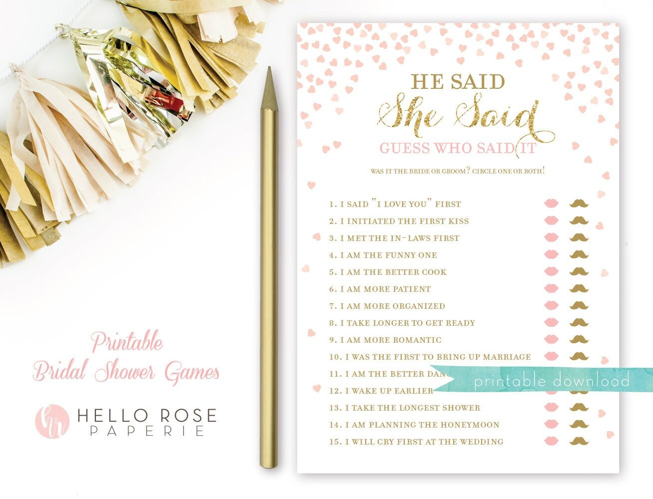 He Said She Said Bridal Shower Game . Pink and Gold Wedding Shower . Hens Party . Bachelorette Party Game . Printable Instant Download