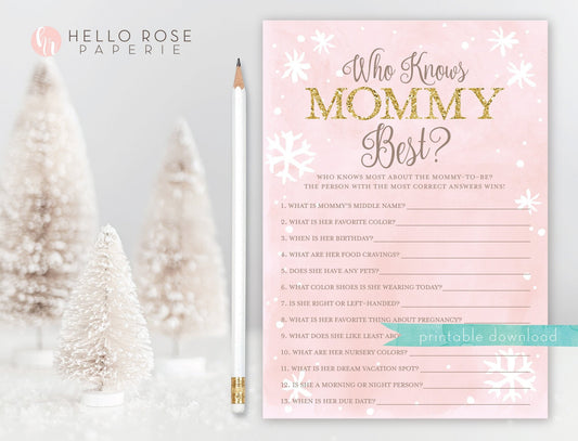 Who Knows Mommy Best Baby Shower Game . Winter Girl . Baby its Cold Outside . Pink and Gold Glitter . Printable Download