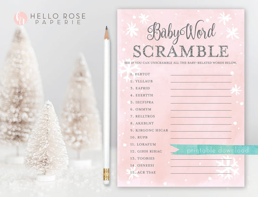 Baby Word Scramble Baby Shower Game . Baby its Cold Outside Pink and Silver Girl . Winter Wonderland . PRINTABLE Instant Digital Download