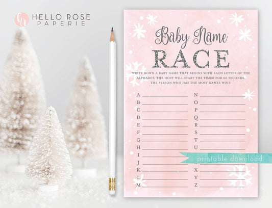 Baby Name Race Game . Winter Wonderland Girl Baby Shower Game . Baby its Cold Outside . Pink and Silver Glitter . Printable Instant Download