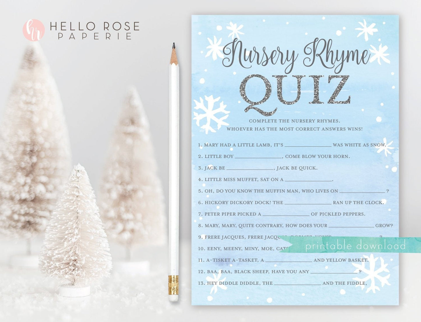 Nursery Rhyme Quiz Baby Shower Trivia Game . Baby It's Cold Outside Boy . Blue and Silver . Winter Snowflakes . Printable Instant Download
