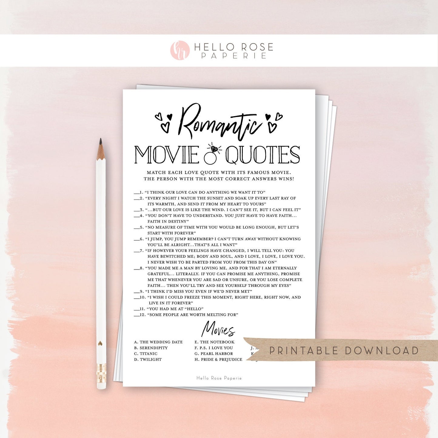 Romantic Movie Love Quotes Printable Game . Bridal Shower Wedding Bachelorette . Kraft + Minimalist Black + White . Digital Instant Download