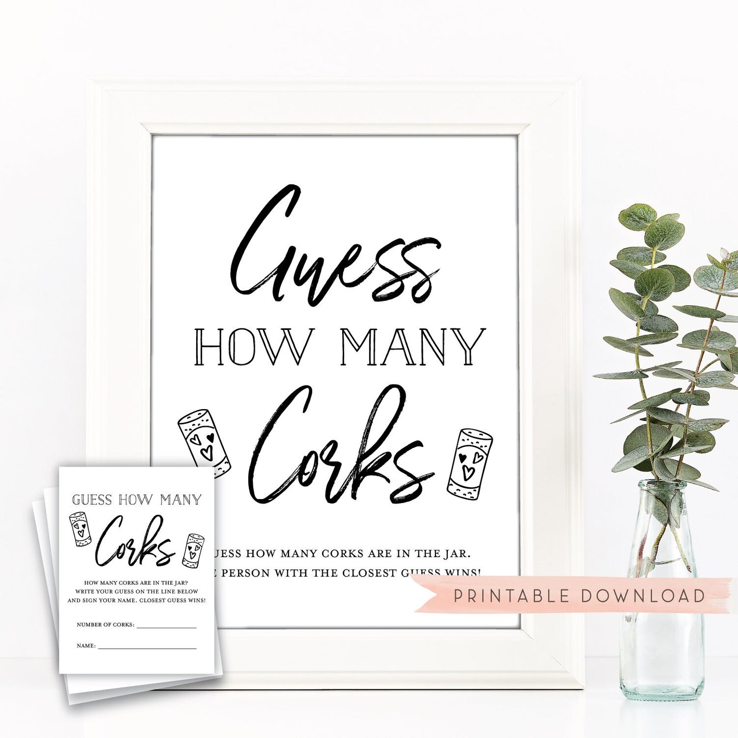 Guess How Many Corks are in the Jar Sign + Cards . Bridal Wedding Shower Game . Bachelorette Hens Party . Baby Shower . Printable Download