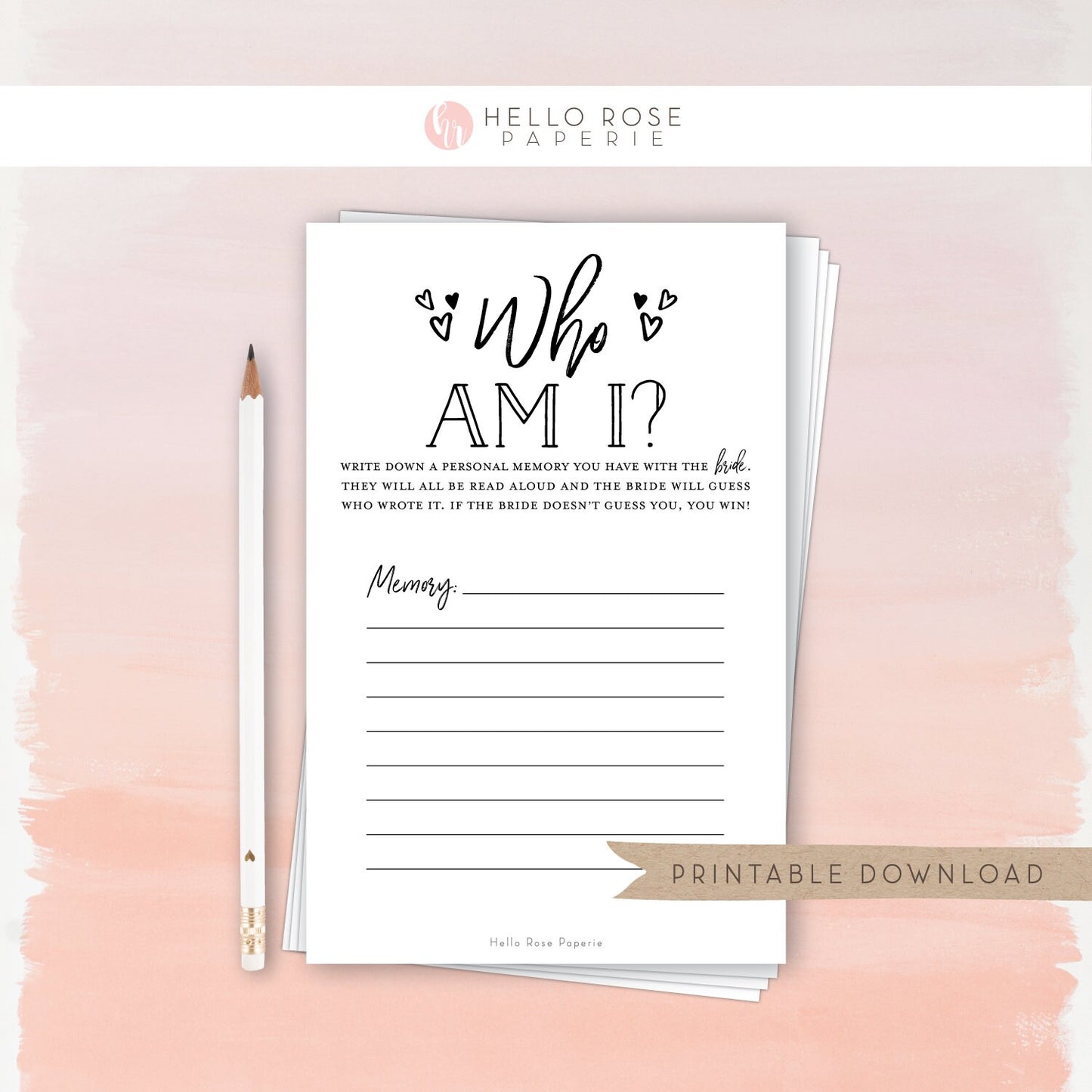 Who Am I Bridal Shower Game Printable . Favorite Memories of Bride . Hens Bachelorette . Kraft + Minimalist Black & White . Instant Download