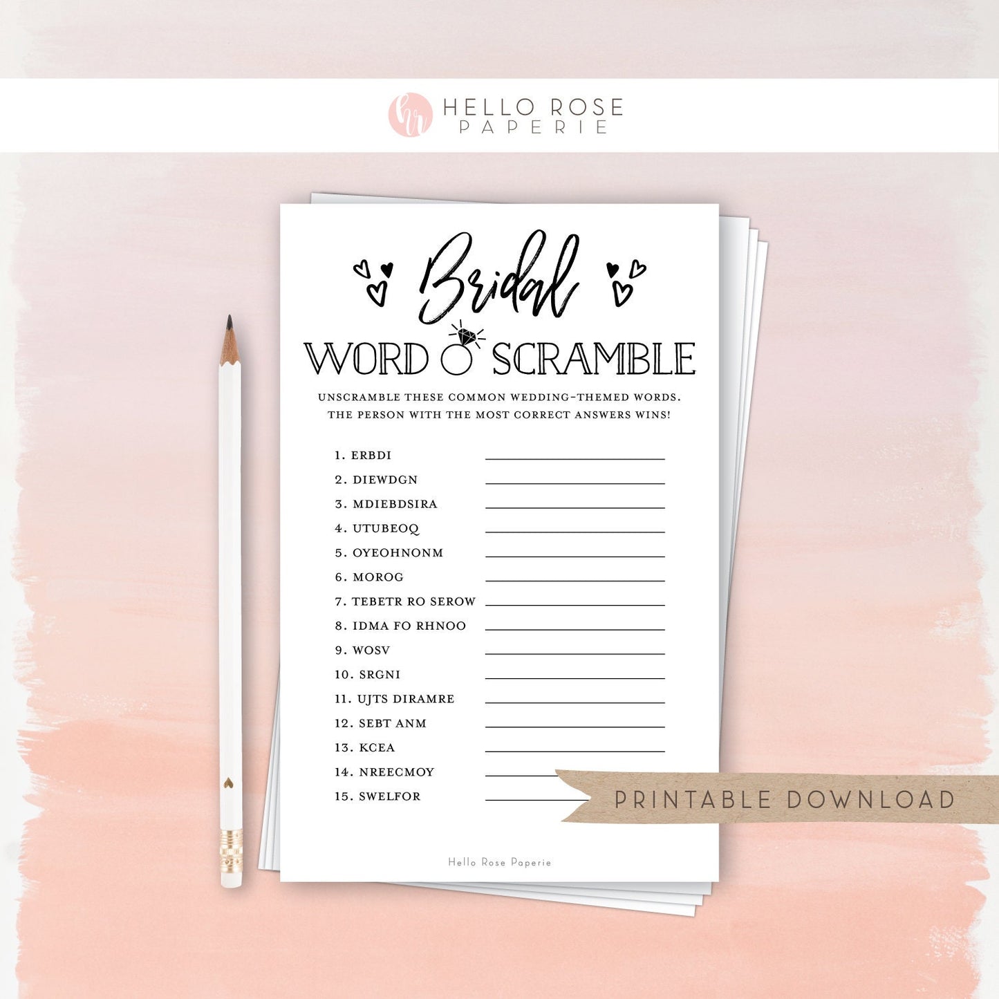 Bridal Shower Word Scramble Game . Printable Wedding Bridal Shower Hens . Kraft + Minimalist Black White . Instant Digital Download