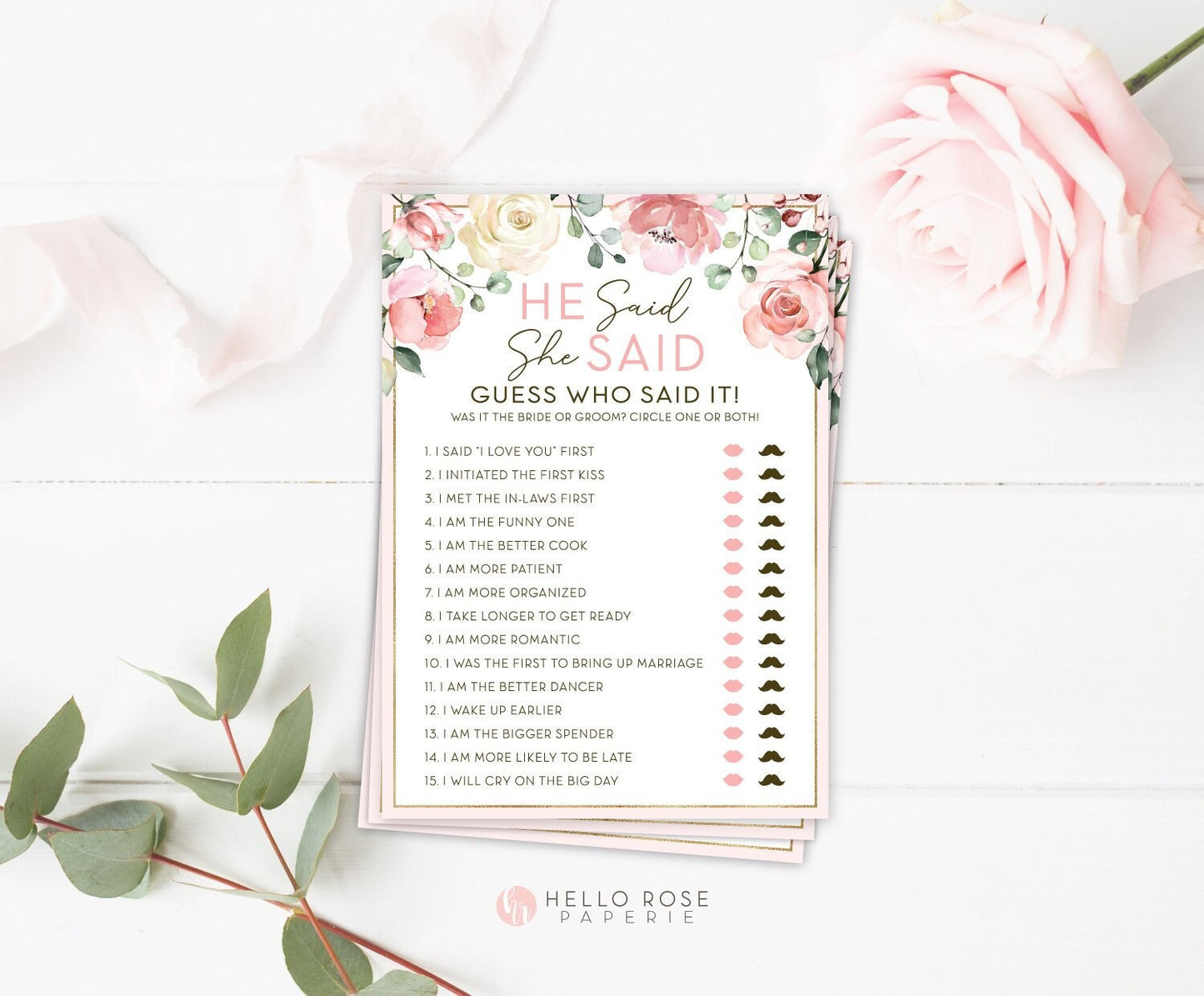 He Said She Said Floral Bridal Shower Game . Printable Icebreaker . Hen Bachelorette Party . Rustic Pink Roses Eucalyptus . Instant Download