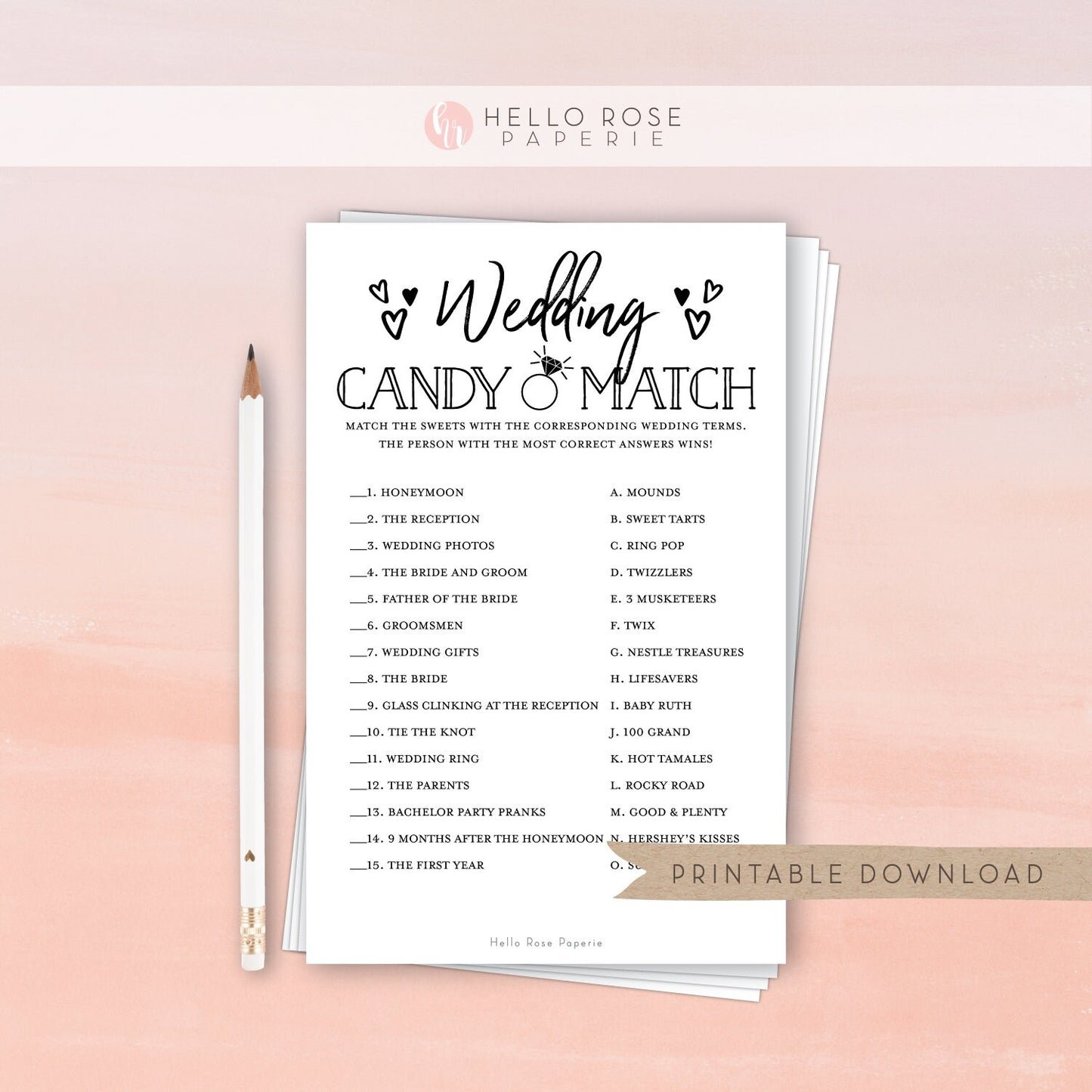 Wedding Candy Match Game . Bridal Couples Wedding Shower Printable Game . Kraft + Minimalist Black and White . Instant Digital Download K3