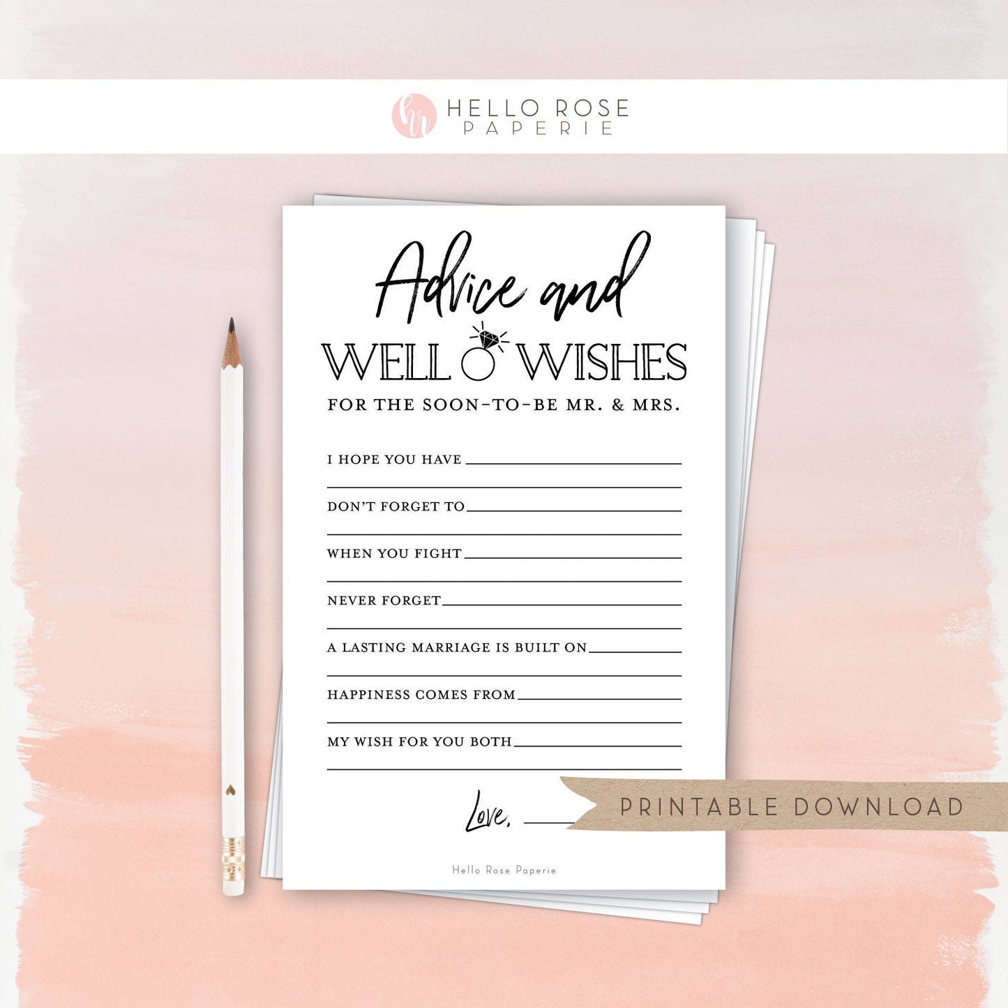Advice and Well Wishes Card for the Mr and Mrs . Bridal Wedding Couples Shower . Kraft + Minimalist Black White . Printable Instant Download
