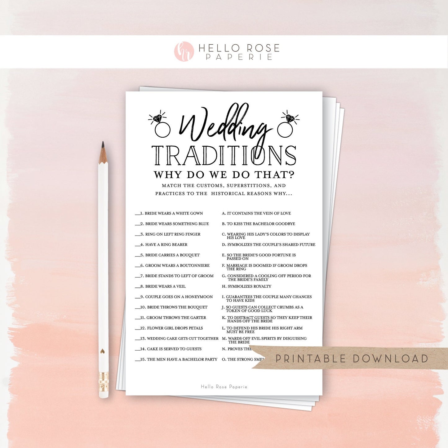 Wedding Traditions Bridal Shower Guessing Game . Wedding Hens Party . Kraft + Minimalist Black White . Printable Instant Digital Download