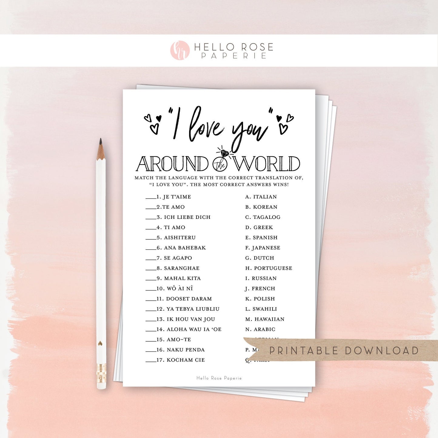 I Love You Around the World Printable Game . Bridal Wedding Shower . Bachelorette Hens . Kraft Minimalist Black White . Instant Download K3