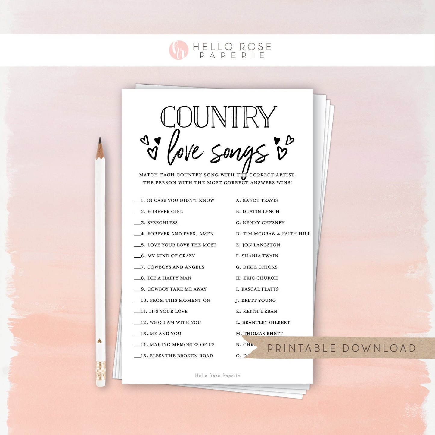 Country Love Songs Trivia Printable Game . Bridal Wedding Couples Shower . Kraft + Minimalist Black and White . Instant Digital Download