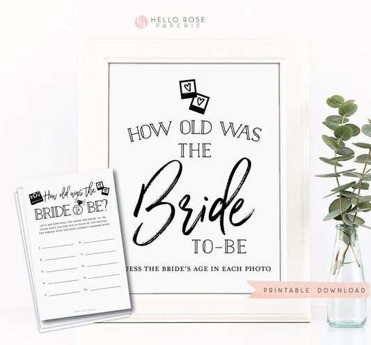 How Old was the Bride to Be Game Sign + Cards . Bridal Shower . Bachelorette Hens Party . Kraft + Black White . Instant Download Printable
