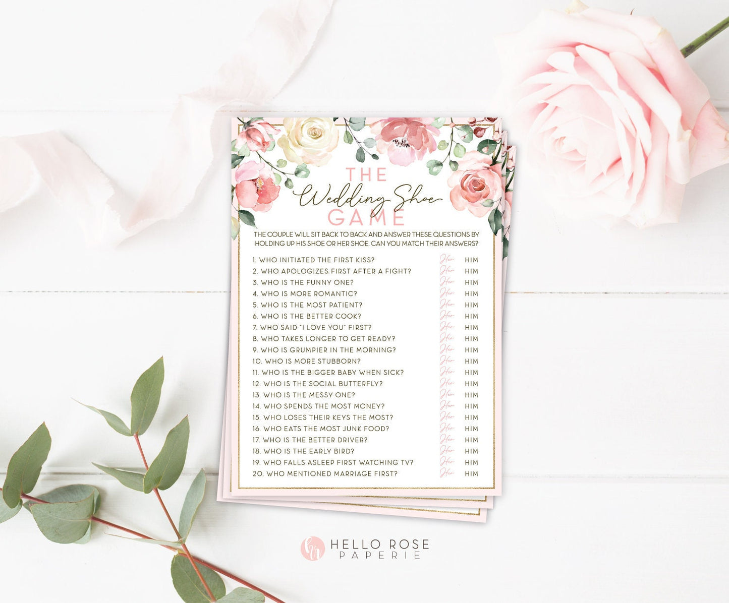 The Wedding Shoe Game Printable . Bridal Wedding Shower . Engagement Party . Rustic Pink Roses and Greenery Eucalyptus . Instant Download