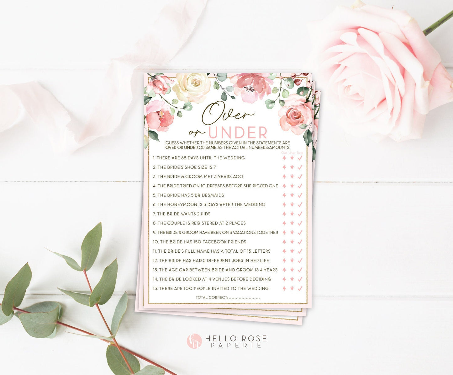 Over or Under Floral Bridal Shower Game . Printable Bachelorette Hens Party Game . Blush Pink Roses Eucalyptus Greenery . Instant Download