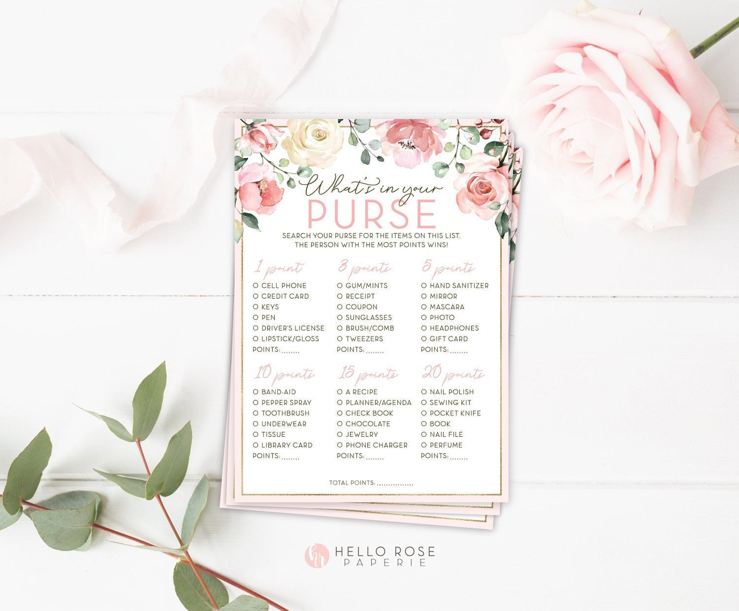 Whats in Your Purse Floral Bridal Shower Printable Game . Bachelorette Hens Party . Rustic Pink Roses Eucalyptus Greenery . Instant Download