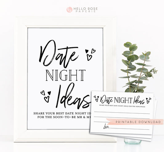 Date Night Ideas Printable Sign + Cards . Bridal Shower . Hen Do Bachelorette Party . Date Night Ideas for Mr and Mrs . Instant Download