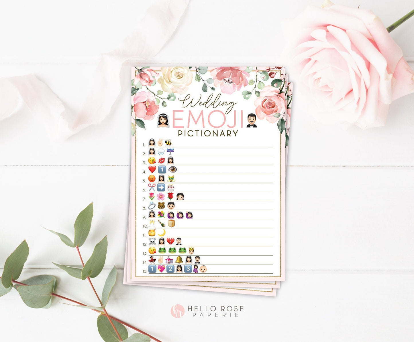 Wedding Emoji Pictionary Floral Bridal Shower Game . Printable Icebreaker . Hen Bachelorette Party . Pink Rose Eucalyptus . Instant Download