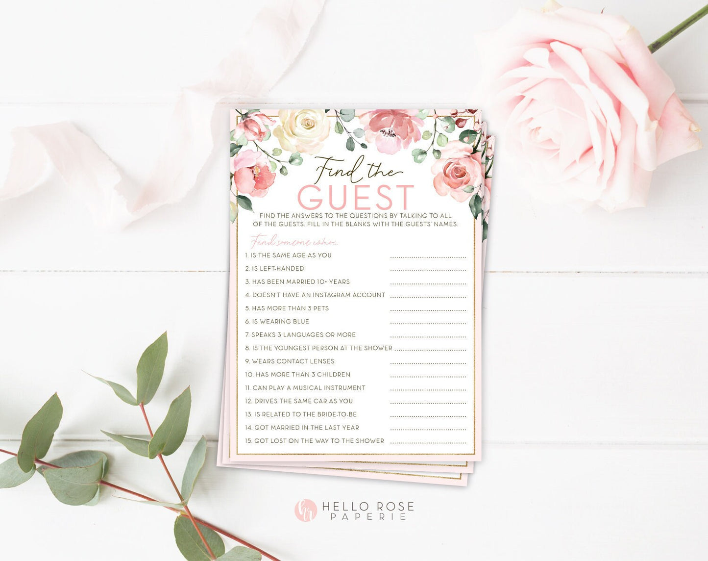 Find the Guest Floral Bridal Shower Game . Printable Icebreaker Game . Hens Party . Rustic Pink Roses Eucalyptus . Instant Download
