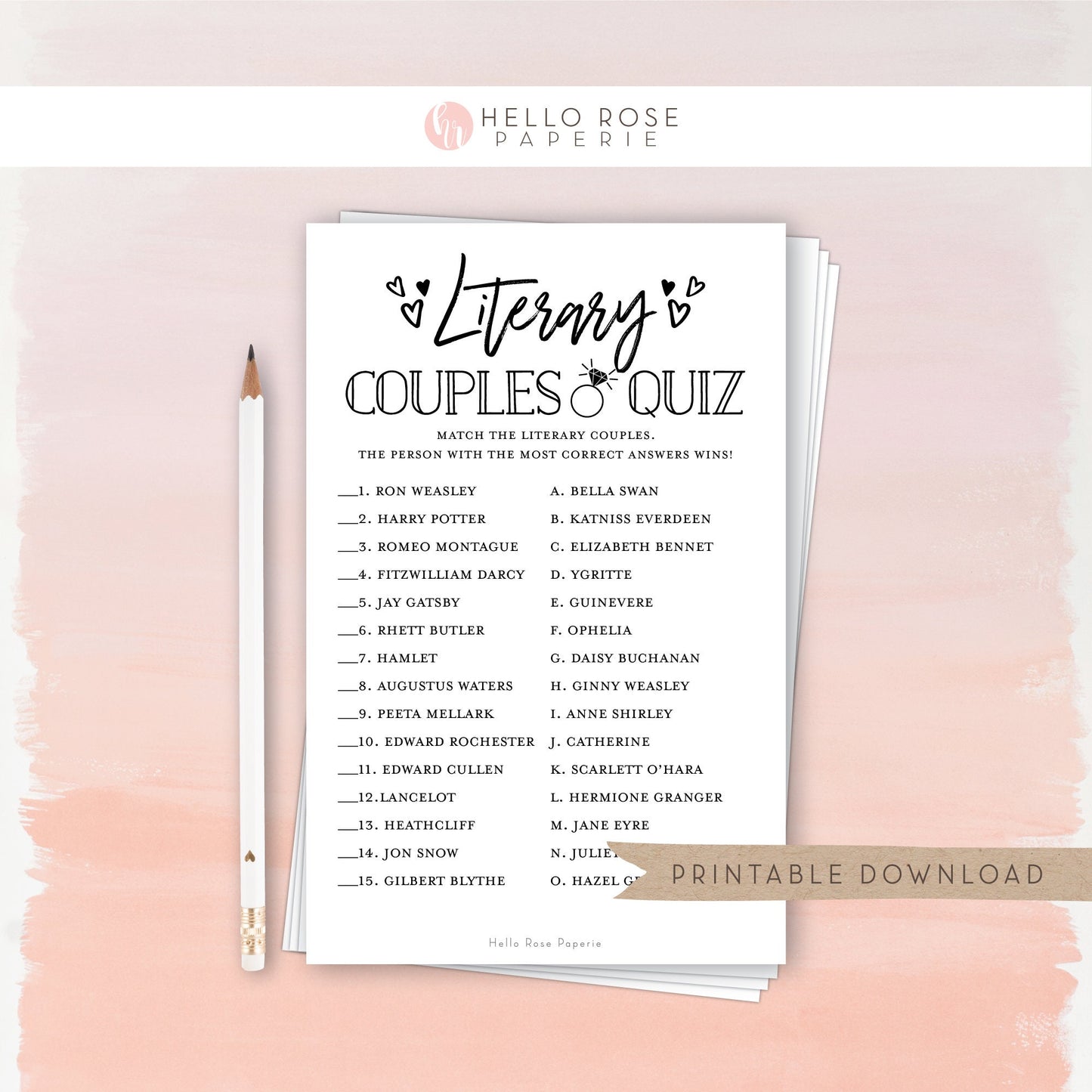 Literary Couples Quiz Trivia Game . Bridal Shower Wedding Printable . Rustic Kraft + Minimalist Black and White . Instant Digital Download