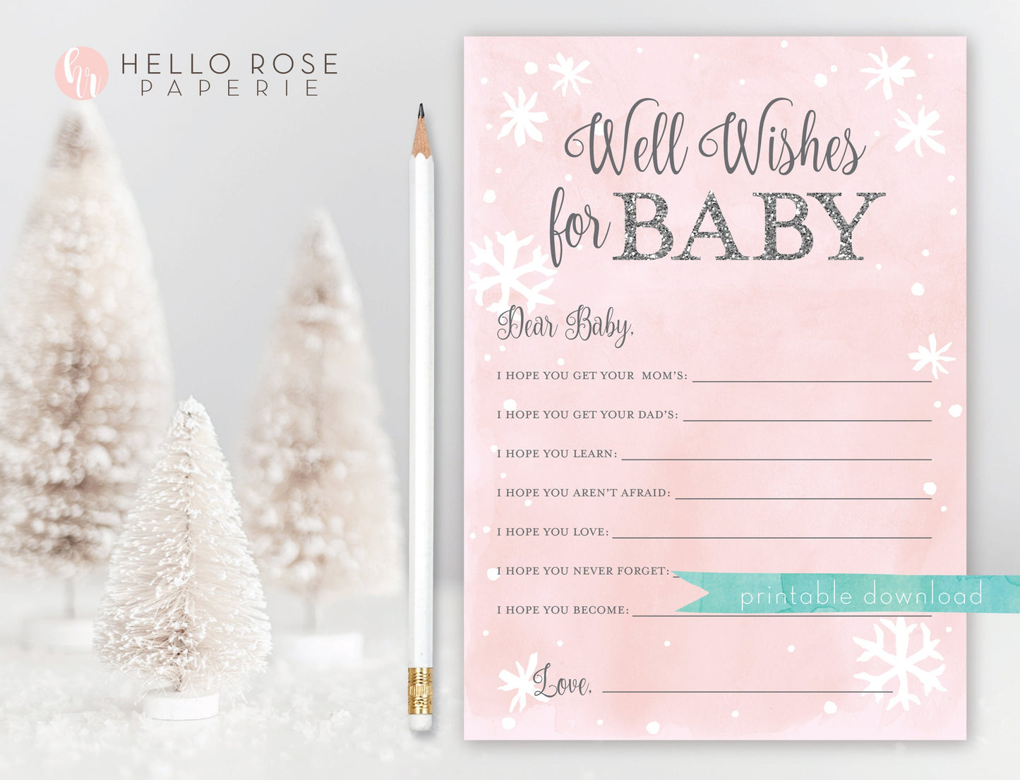 Well Wishes for Baby Card . Winter Girl Baby Shower . Baby Advice Card . Pink and Silver Snowflakes Wonderland . Printable Instant Download