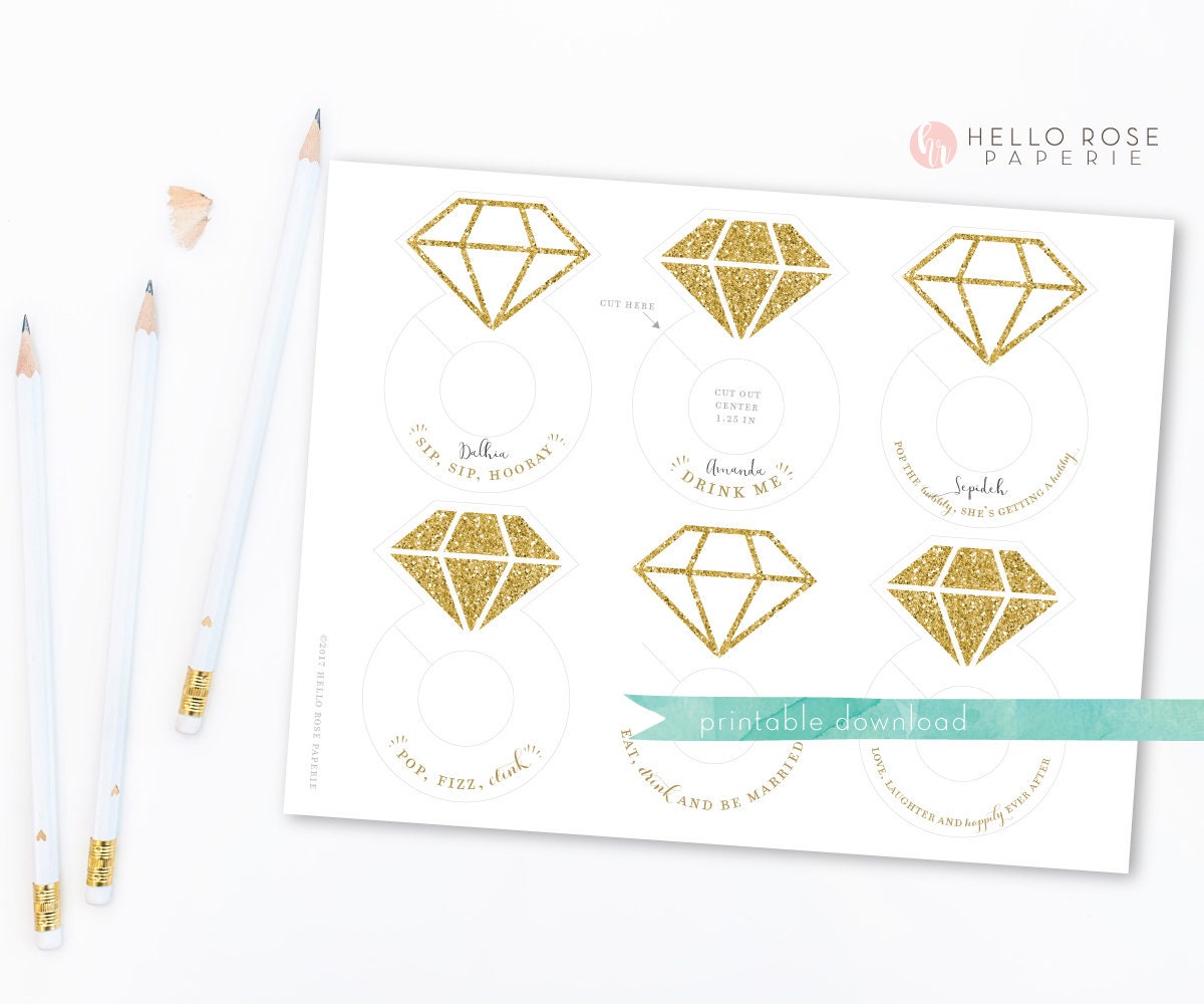 Diamond Ring Wine Glass Drink Tags . Printable Bachelorette Bridal Shower Wedding Bubbly Markers . Gold . Rose Gold . Silver . Pink . Blue