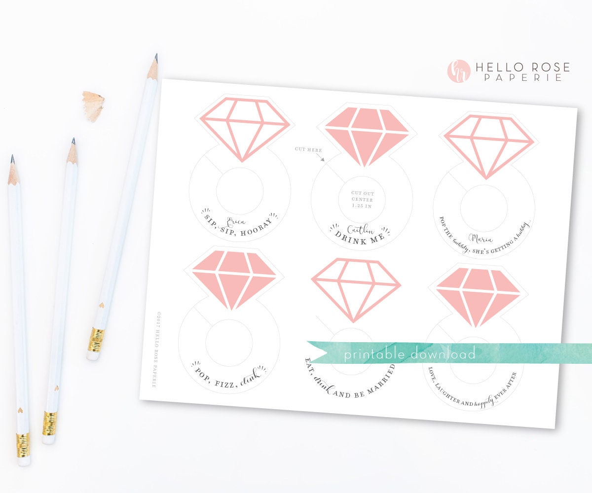 Diamond Ring Wine Glass Drink Tags . Printable Bachelorette Bridal Shower Wedding Bubbly Markers . Gold . Rose Gold . Silver . Pink . Blue