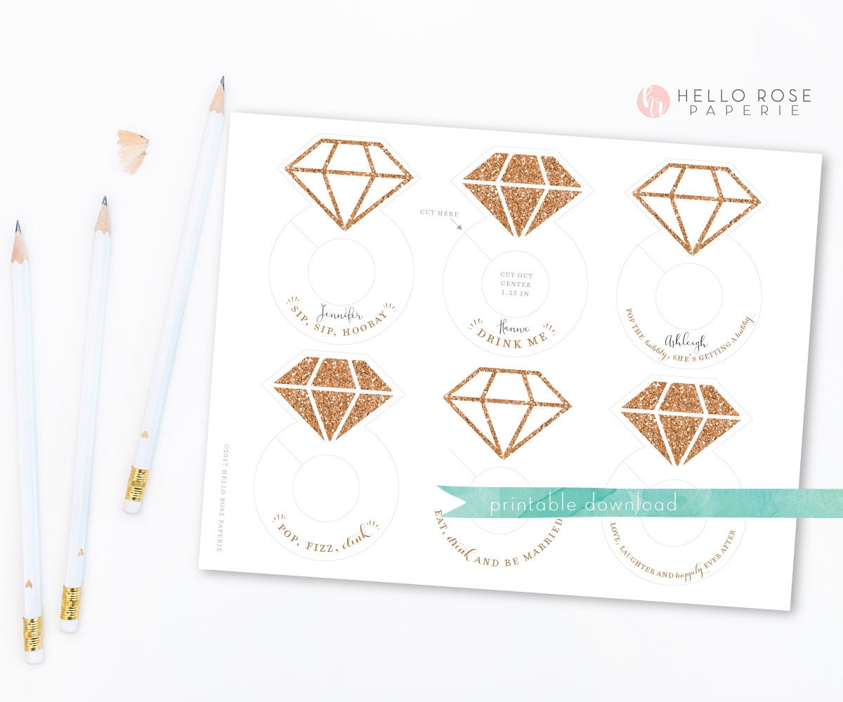 Diamond Ring Wine Glass Drink Tags . Printable Bachelorette Bridal Shower Wedding Bubbly Markers . Gold . Rose Gold . Silver . Pink . Blue