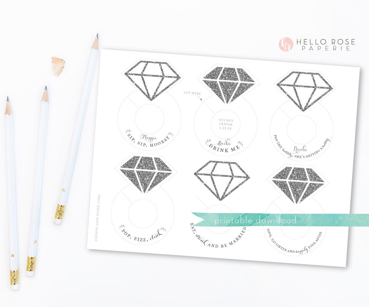 Diamond Ring Wine Glass Drink Tags . Printable Bachelorette Bridal Shower Wedding Bubbly Markers . Gold . Rose Gold . Silver . Pink . Blue