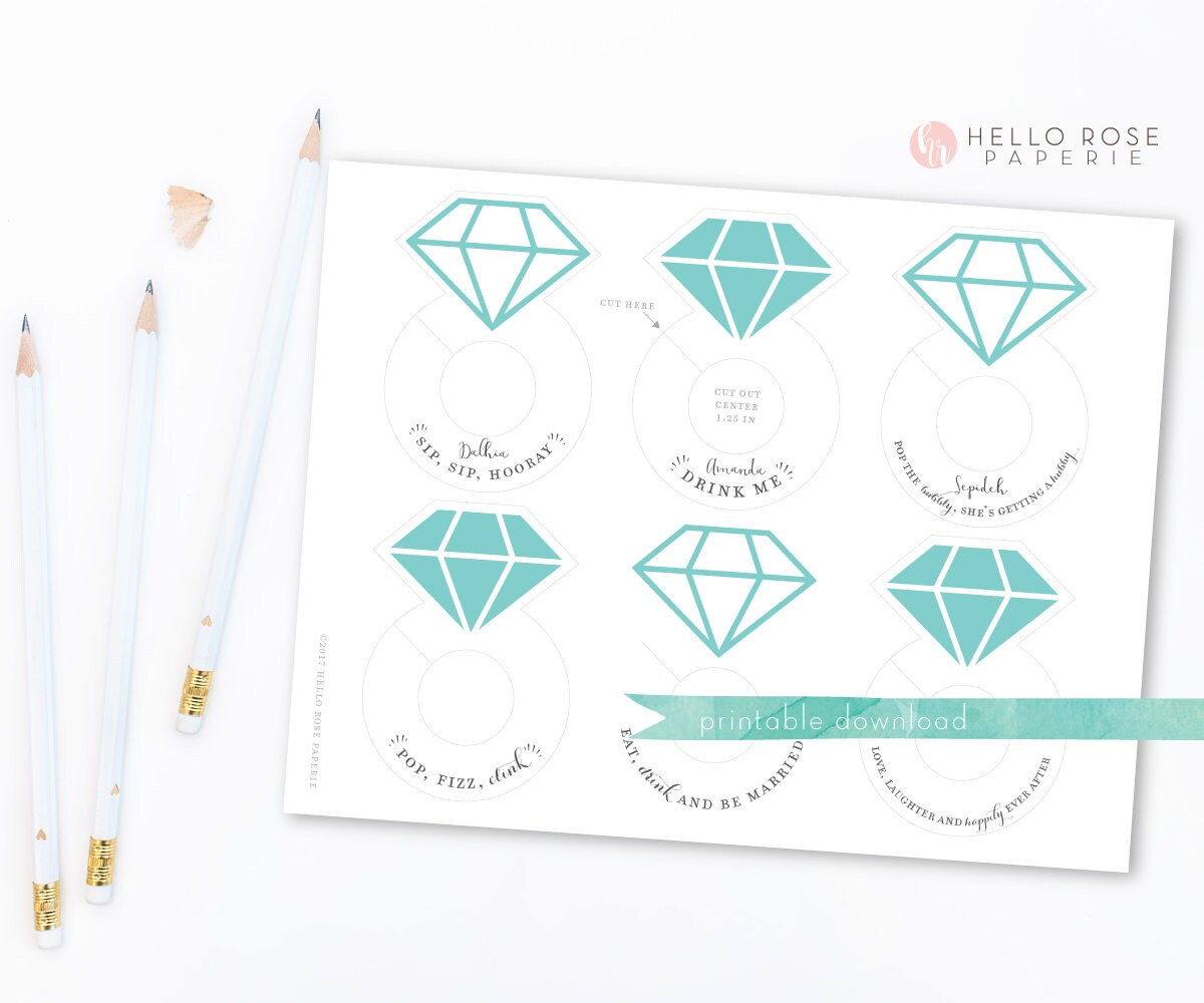 Diamond Ring Wine Glass Drink Tags . Printable Bachelorette Bridal Shower Wedding Bubbly Markers . Gold . Rose Gold . Silver . Pink . Blue