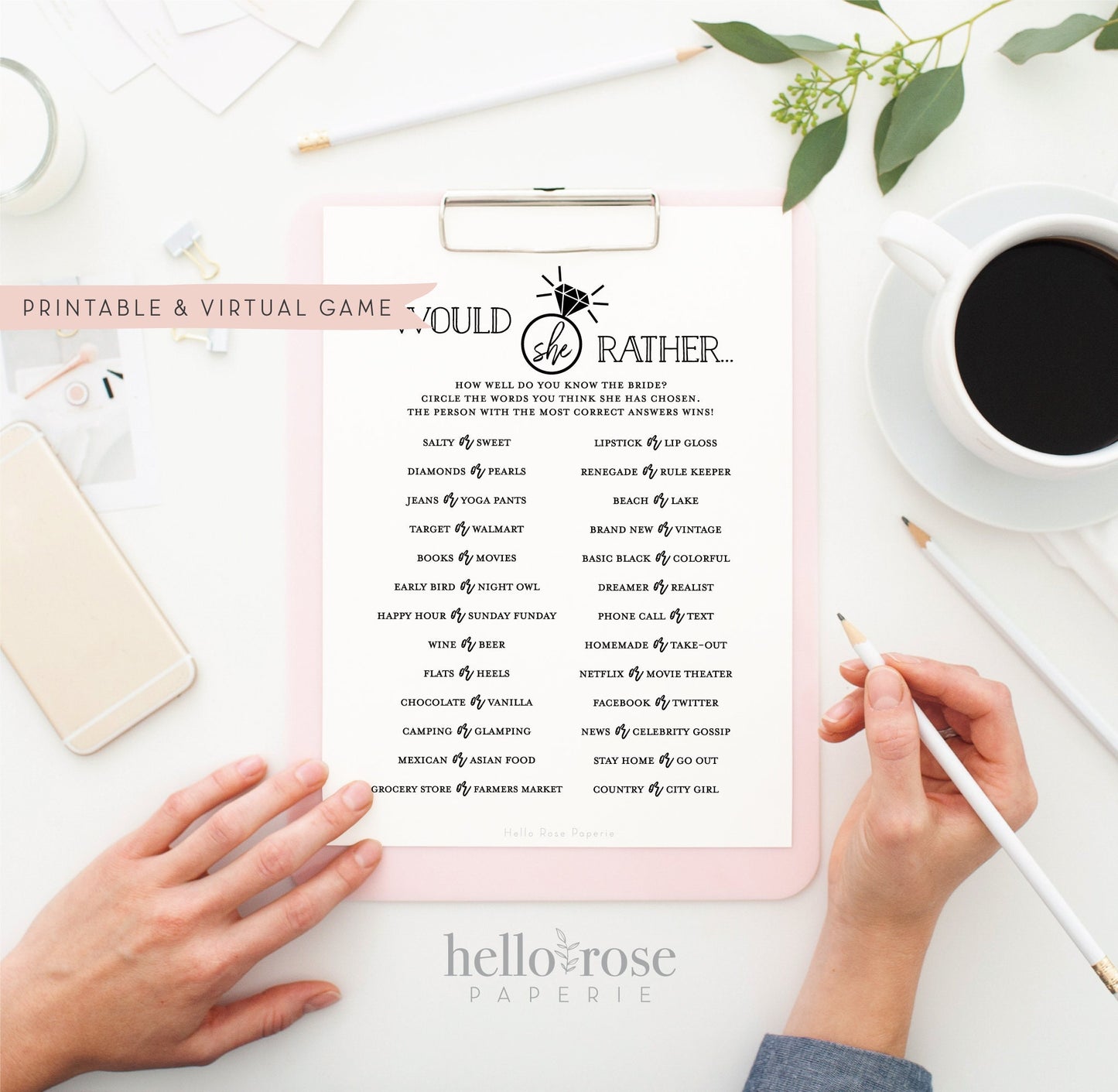 Would She Rather Printable Bridal Shower Bachelorette Game . Who Knows the Bride Best . Kraft + Minimalist Black White . Instant Download