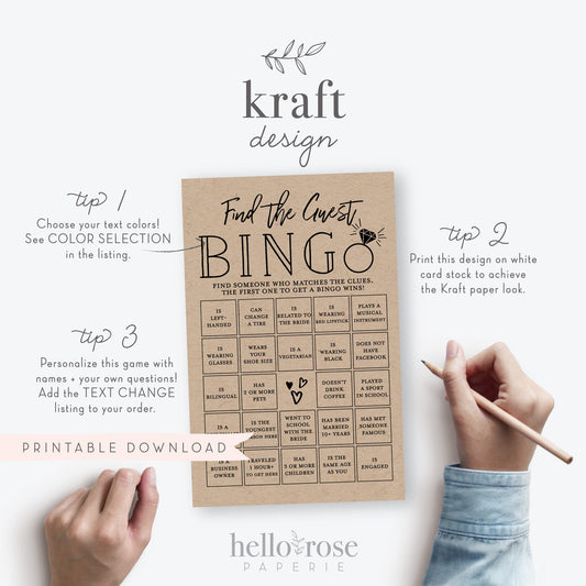 Find the Guest BINGO Printable Bridal Shower Game . Fun Icebreaker . Kraft + Minimalist Black White . Wedding Engagement . Instant Download