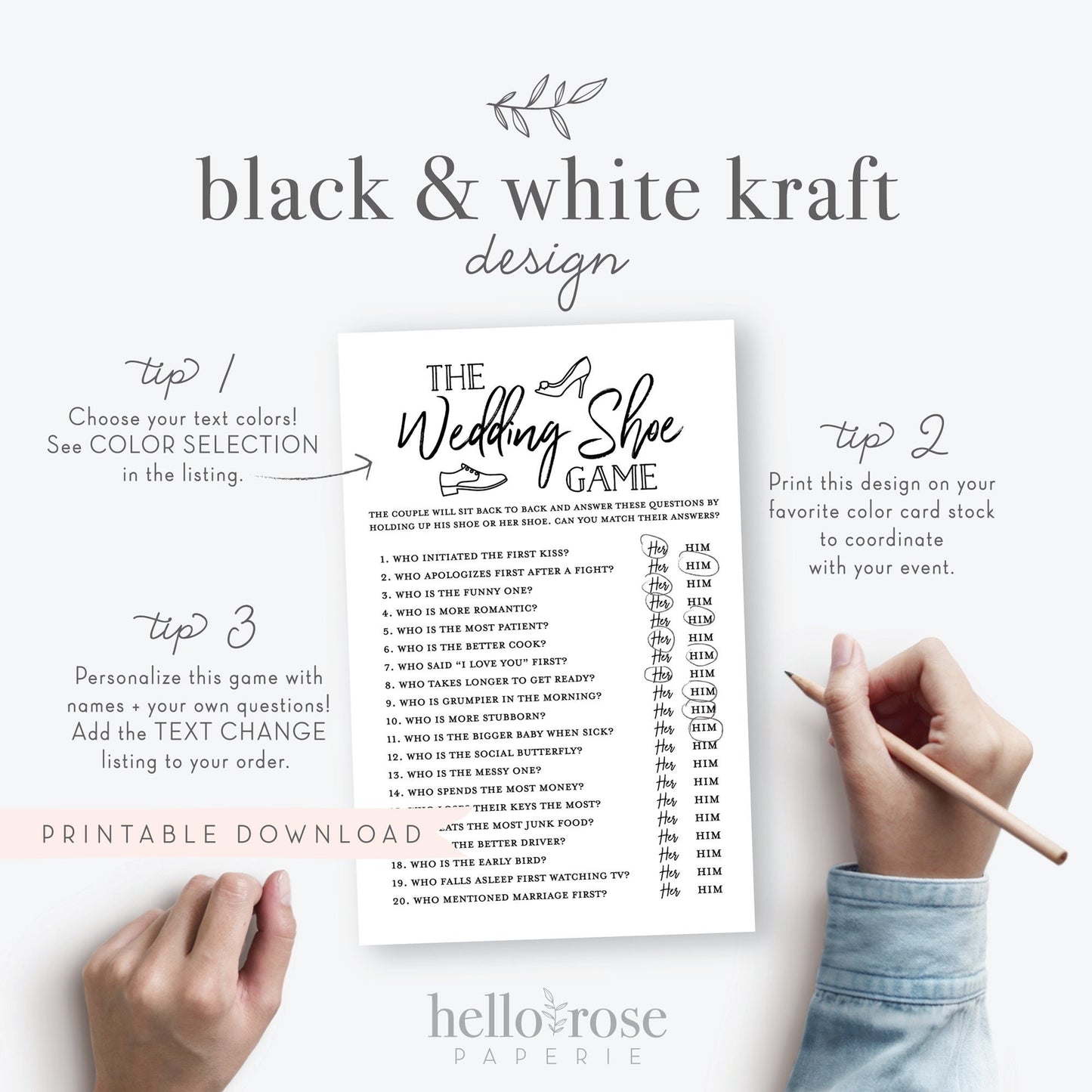 The Wedding Shoe Game Printable . Wedding Bridal Couples Shower Engagement Party . Kraft + Minimalist Black White . Instant Download