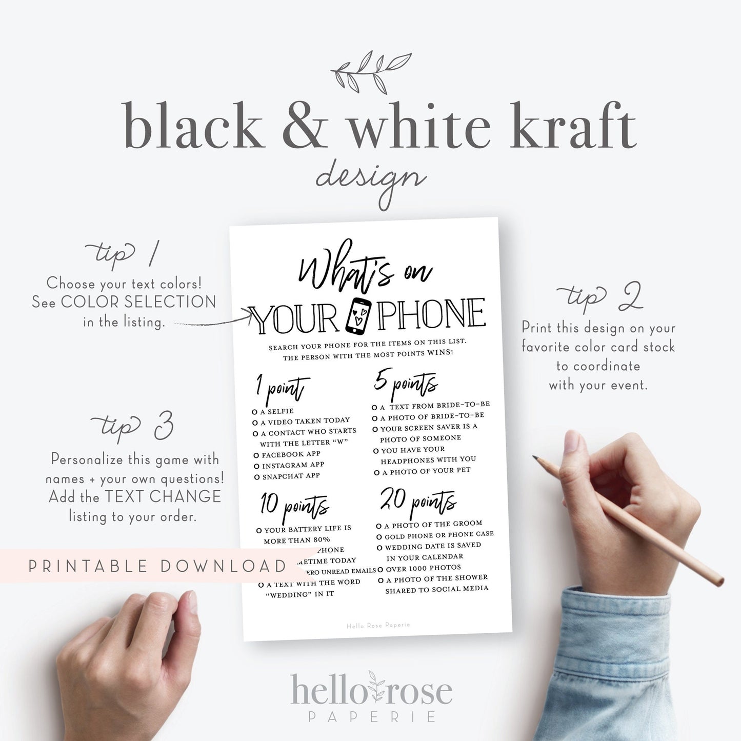 What's on Your Phone Printable Bridal Shower Game . Kraft + Minimalist Black & White . Bachelorette Hens Party . Instant Digital Download