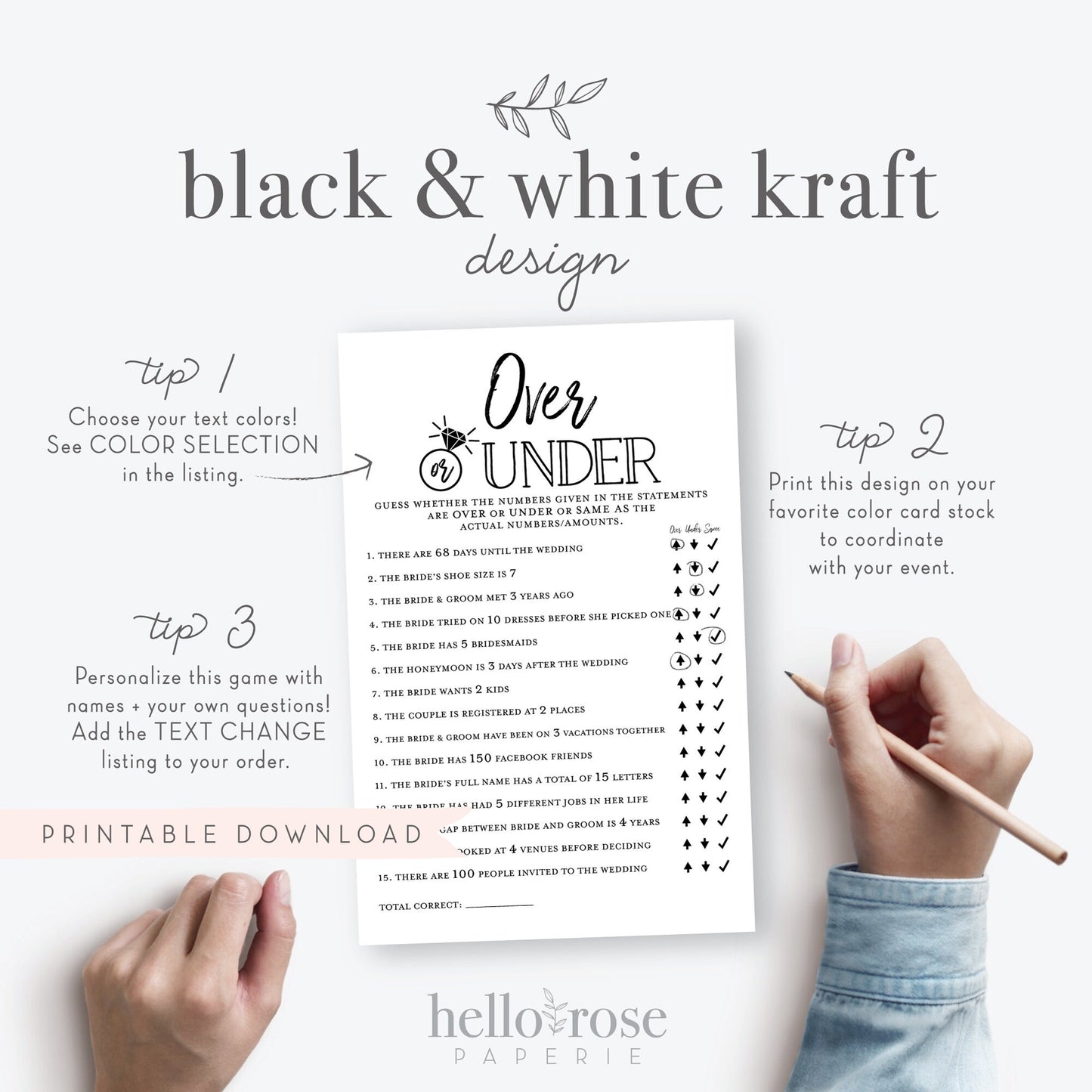 Over or Under Printable Bridal Shower Game . Wedding Bachelorette Hens Party . Kraft + Minimalist Black and White . Digital Instant Download