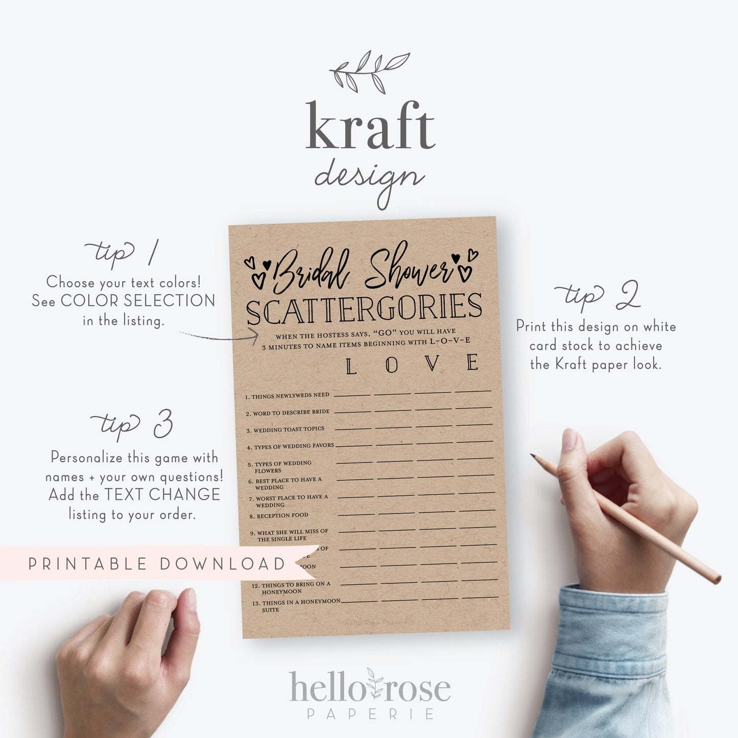 Bridal Shower Scattergories Printable Game . Kraft + Minimalist Black White . Wedding Bachelorette Couples . Instant Digital Download K3