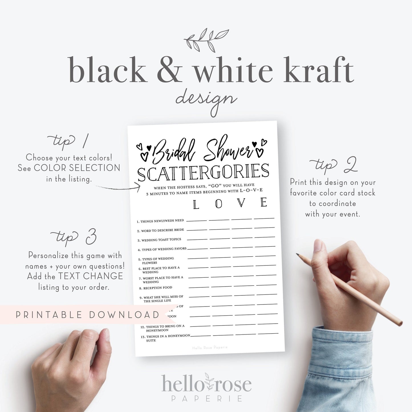 Bridal Shower Scattergories Printable Game . Kraft + Minimalist Black White . Wedding Bachelorette Couples . Instant Digital Download K3