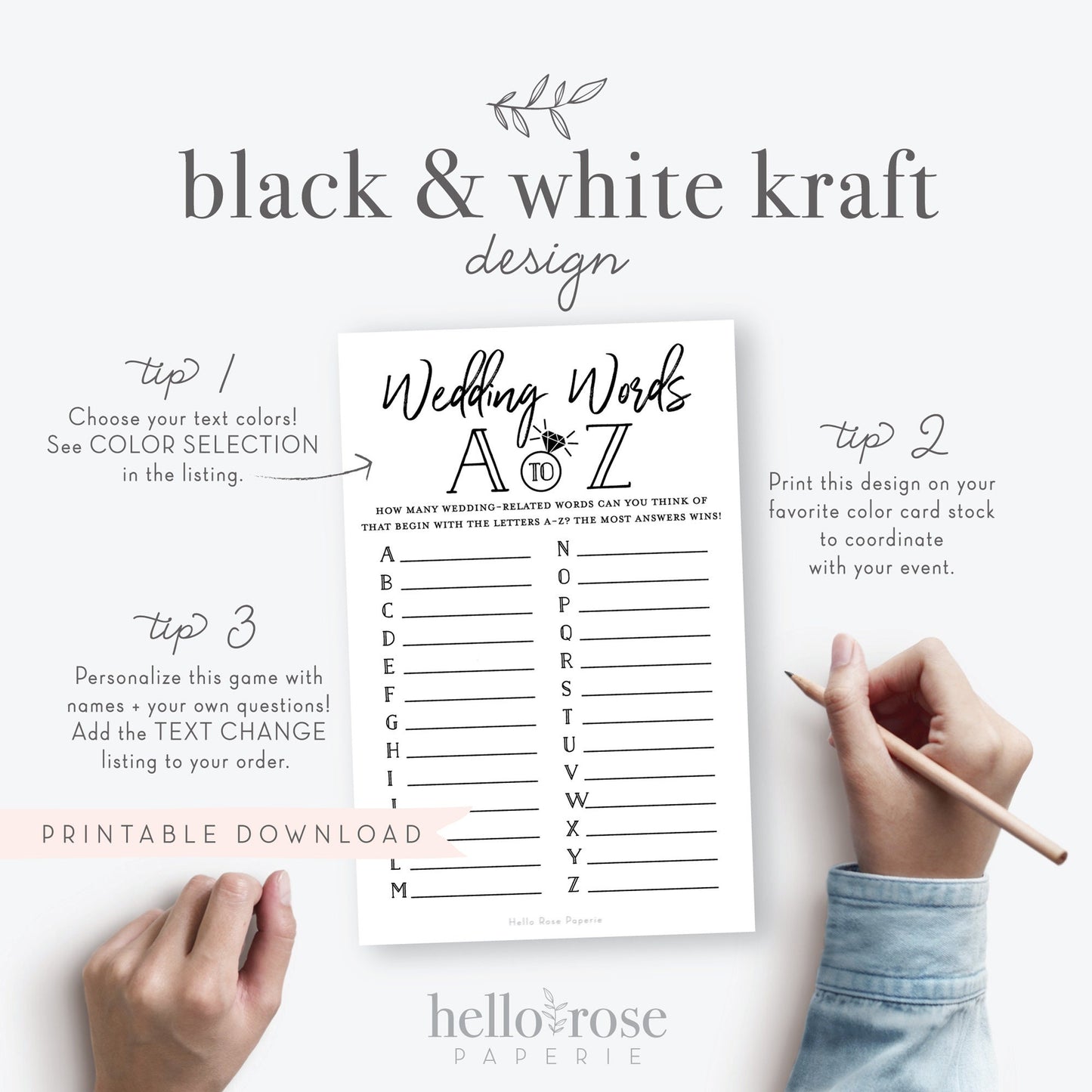 Wedding Words A-Z Printable Bridal Shower Game . Bachelorette Hens Party . Rustic Kraft + Minimalist Black White . Instant Digital Download