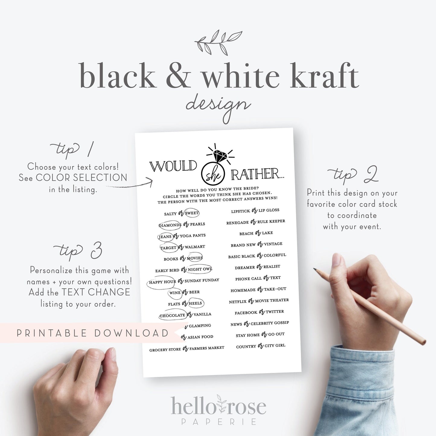 Would She Rather Printable Bridal Shower Bachelorette Game . Who Knows the Bride Best . Kraft + Minimalist Black White . Instant Download
