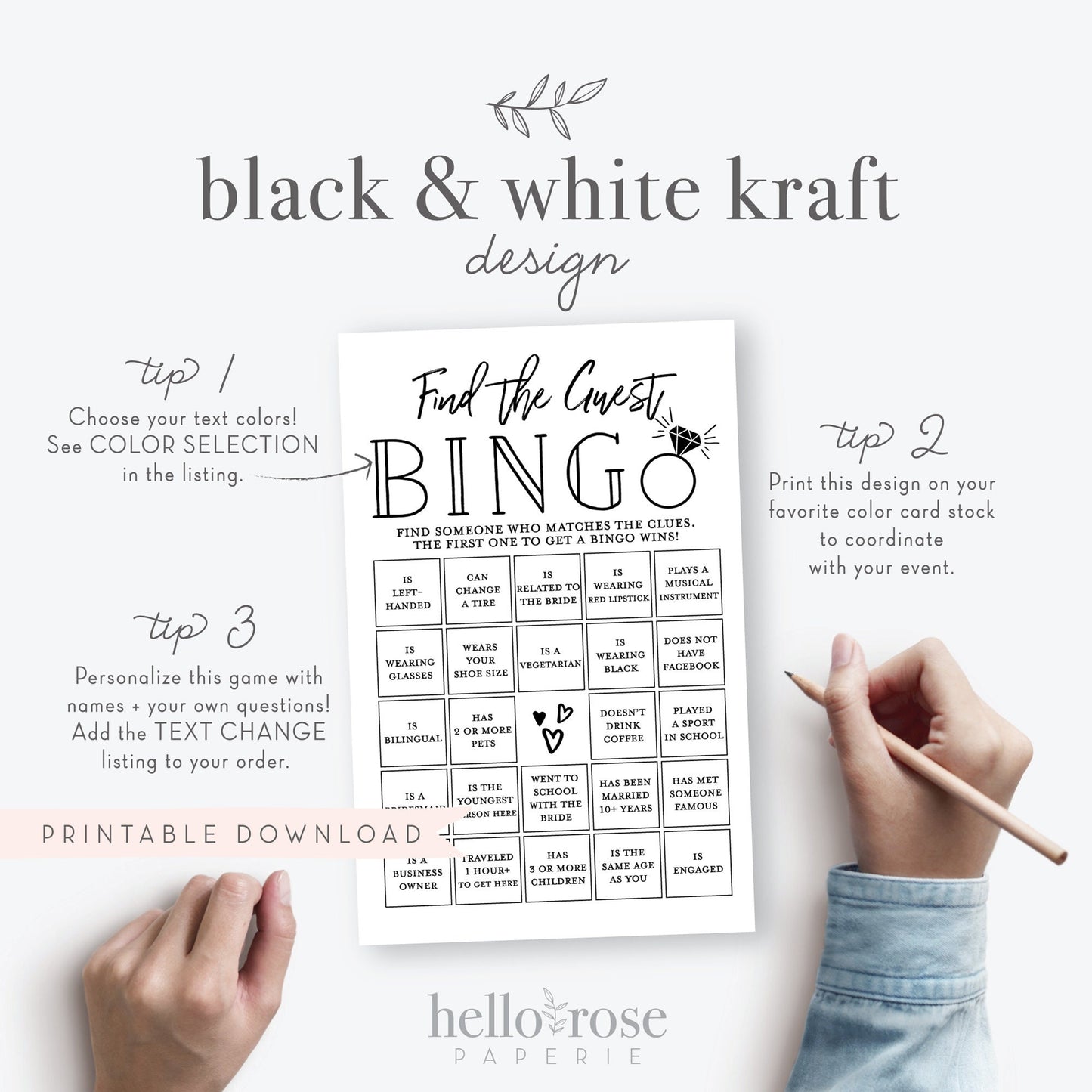 Find the Guest BINGO Printable Bridal Shower Game . Fun Icebreaker . Kraft + Minimalist Black White . Wedding Engagement . Instant Download