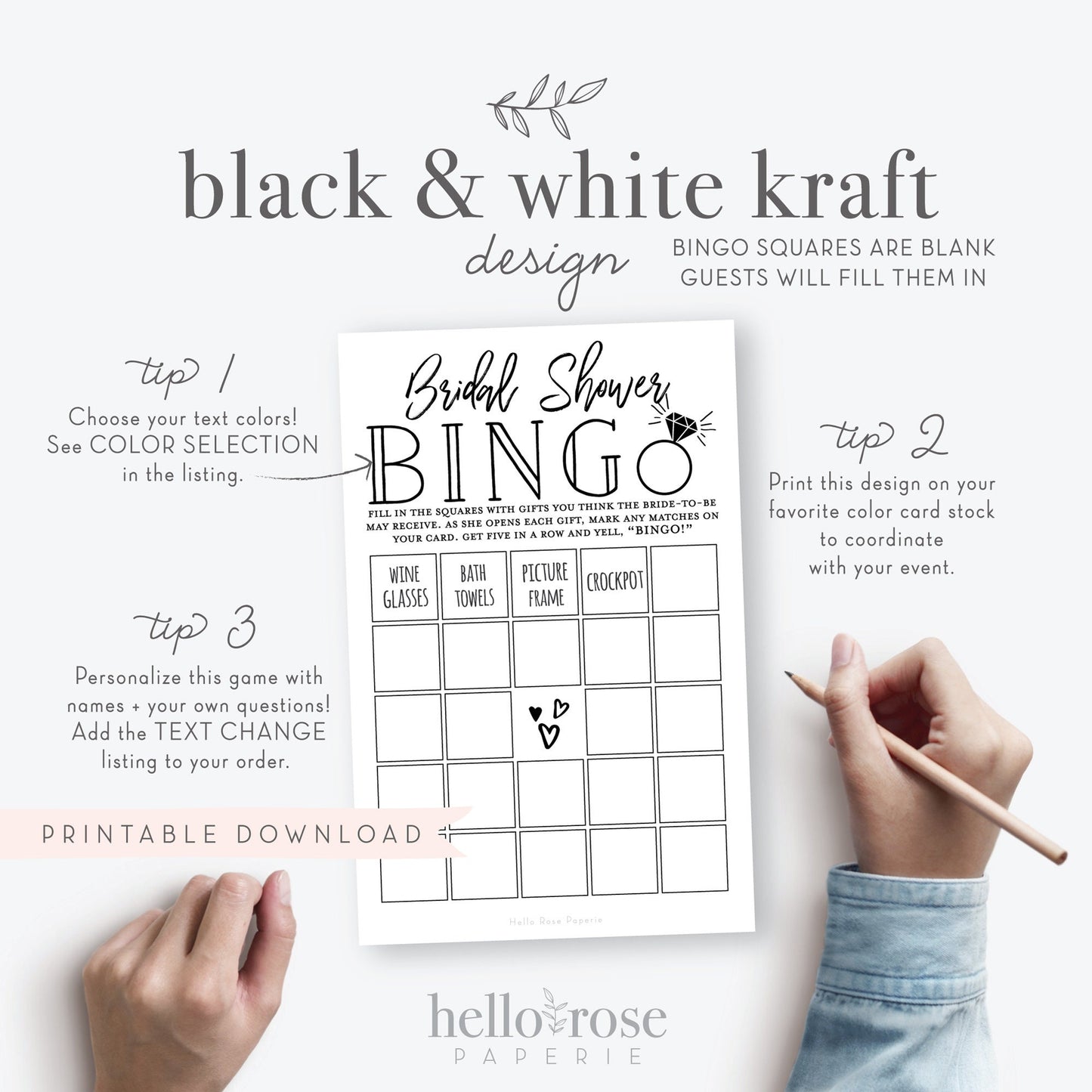 Bridal Shower Bingo . Virtual + Printable Shower Gifts Game . Rustic Kraft + Black and White . Wedding Shower . Instant Digital Download
