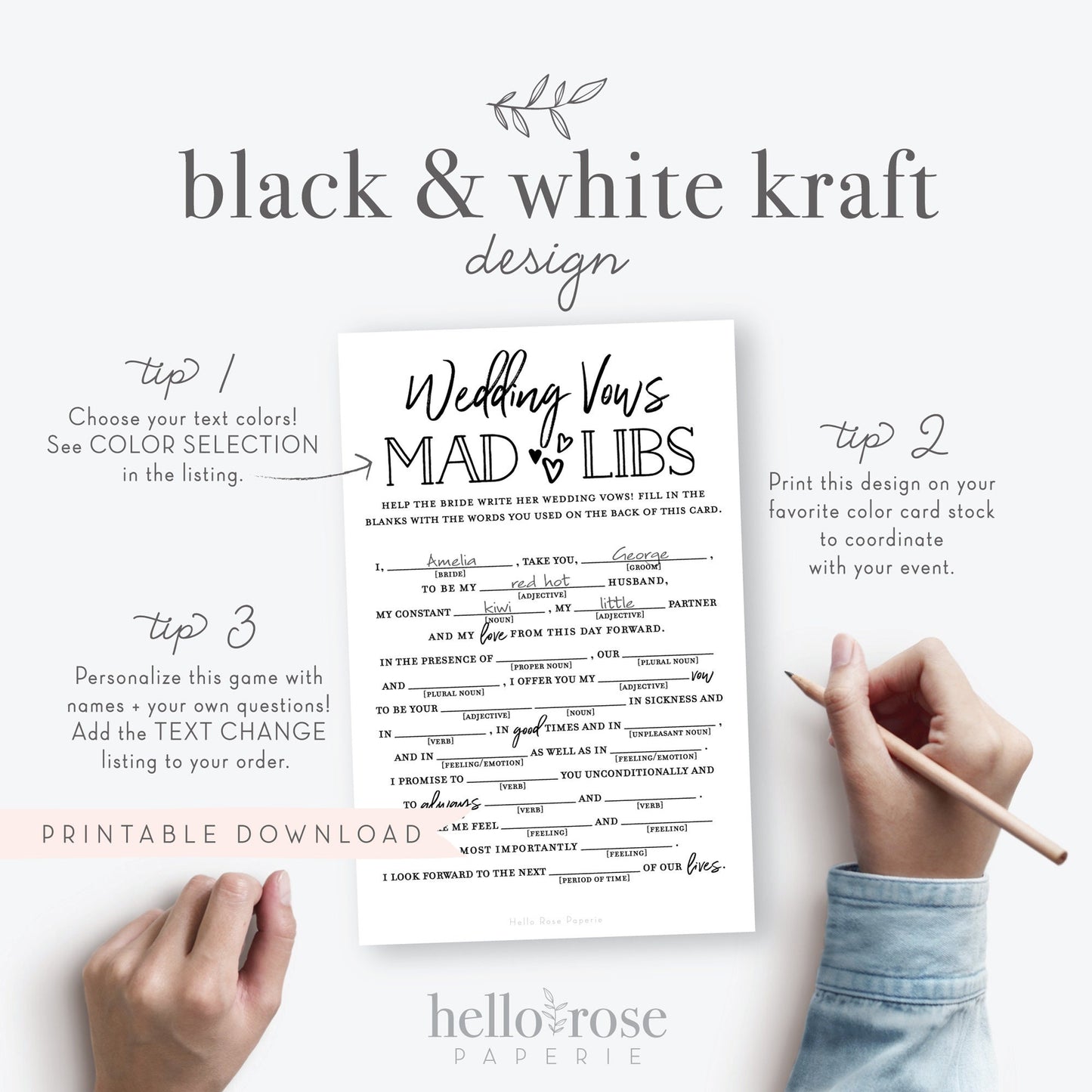 Wedding Vows Mad Libs . Printable Funny Wedding Advice Mad Libs Game . Engagement Party . Kraft + Minimalist Black White . Instant Download