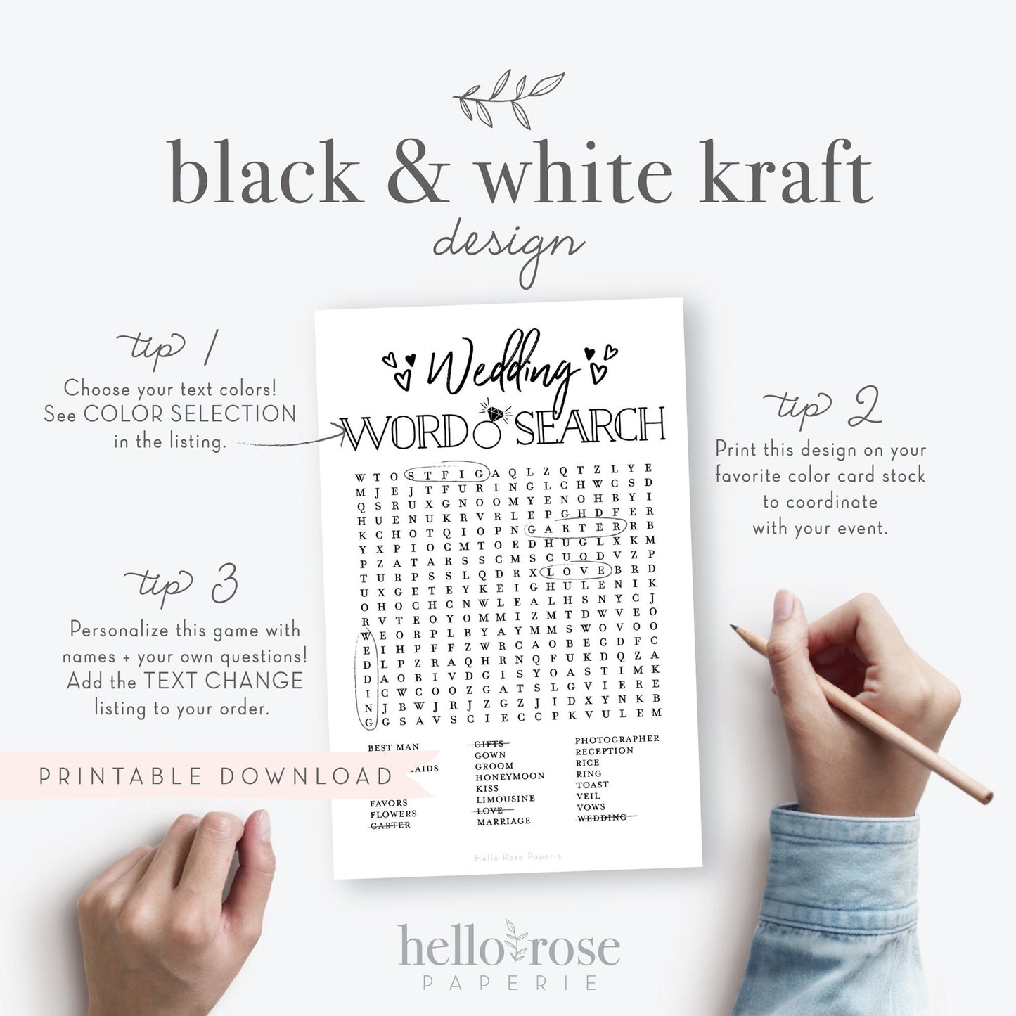 Wedding Word Search Printable Bridal Shower Game . Kraft + Minimalist Black White . Bachelorette Hens Party . Instant Digital Download K3