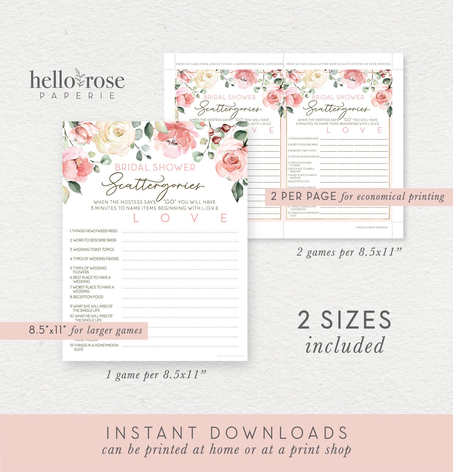 Scattergories Bridal Shower Printable Game . Bachelorette Hens Party . Blush Pink Roses Greenery Eucalyptus . Instant Download