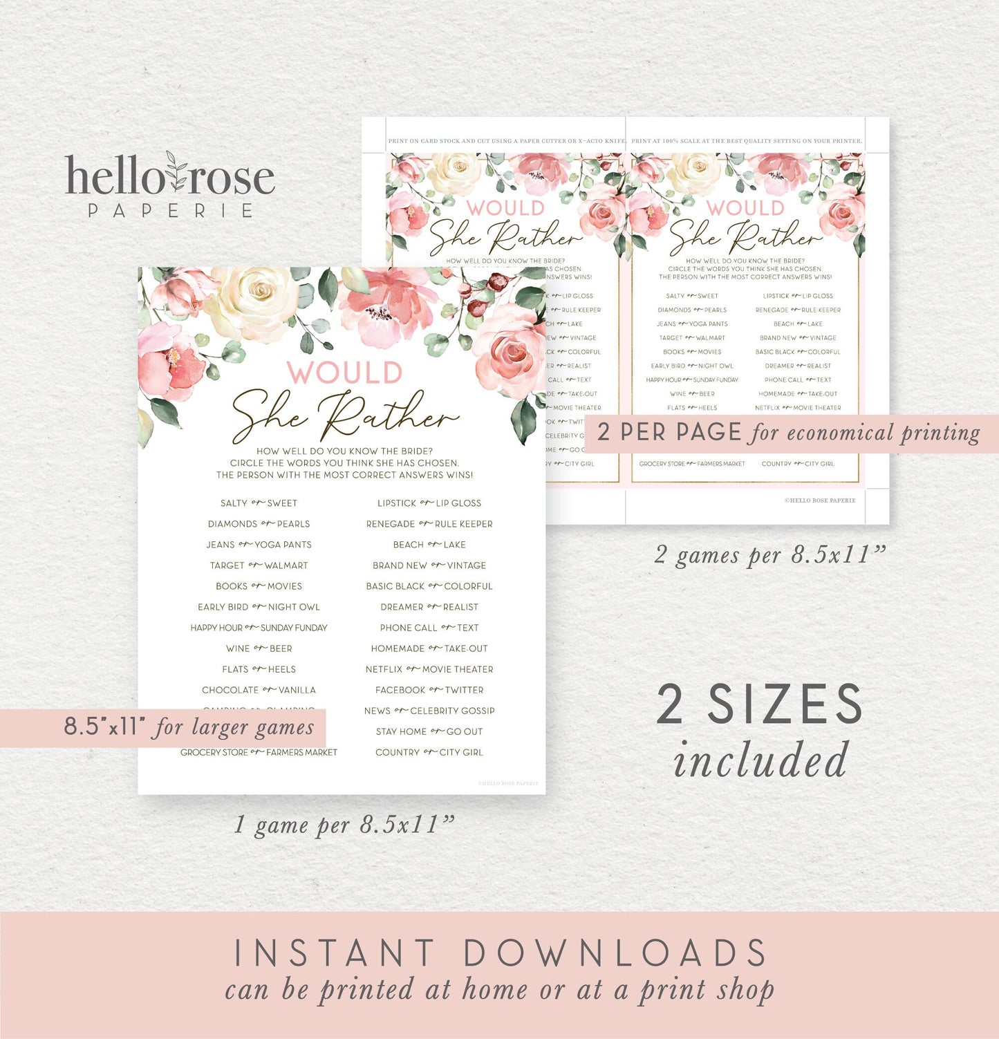 Would She Rather Printable Bridal Shower Game . Bachelorette Hens Party . Blush Pink Roses Greenery Eucalyptus . Instant Download
